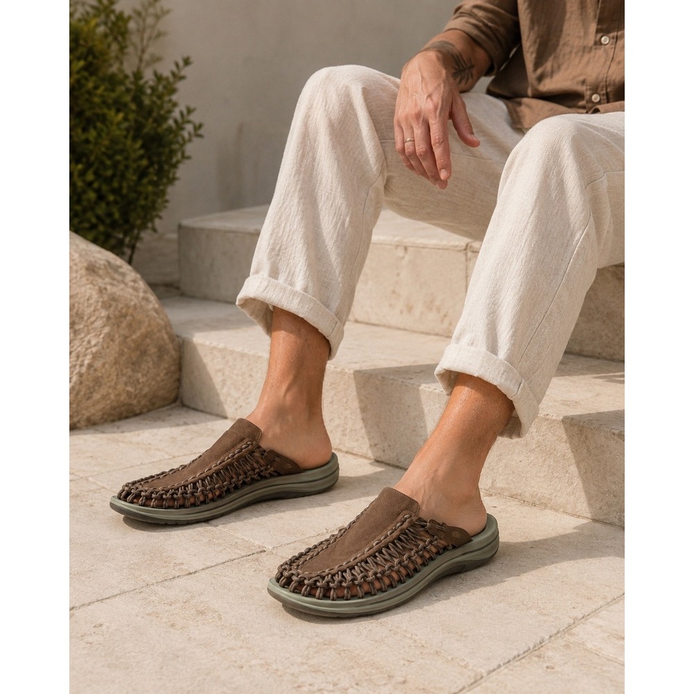 KEEN UNEEK Slide Sandals Men's 9 Brown Olive Cord Woven Mule Outdoor